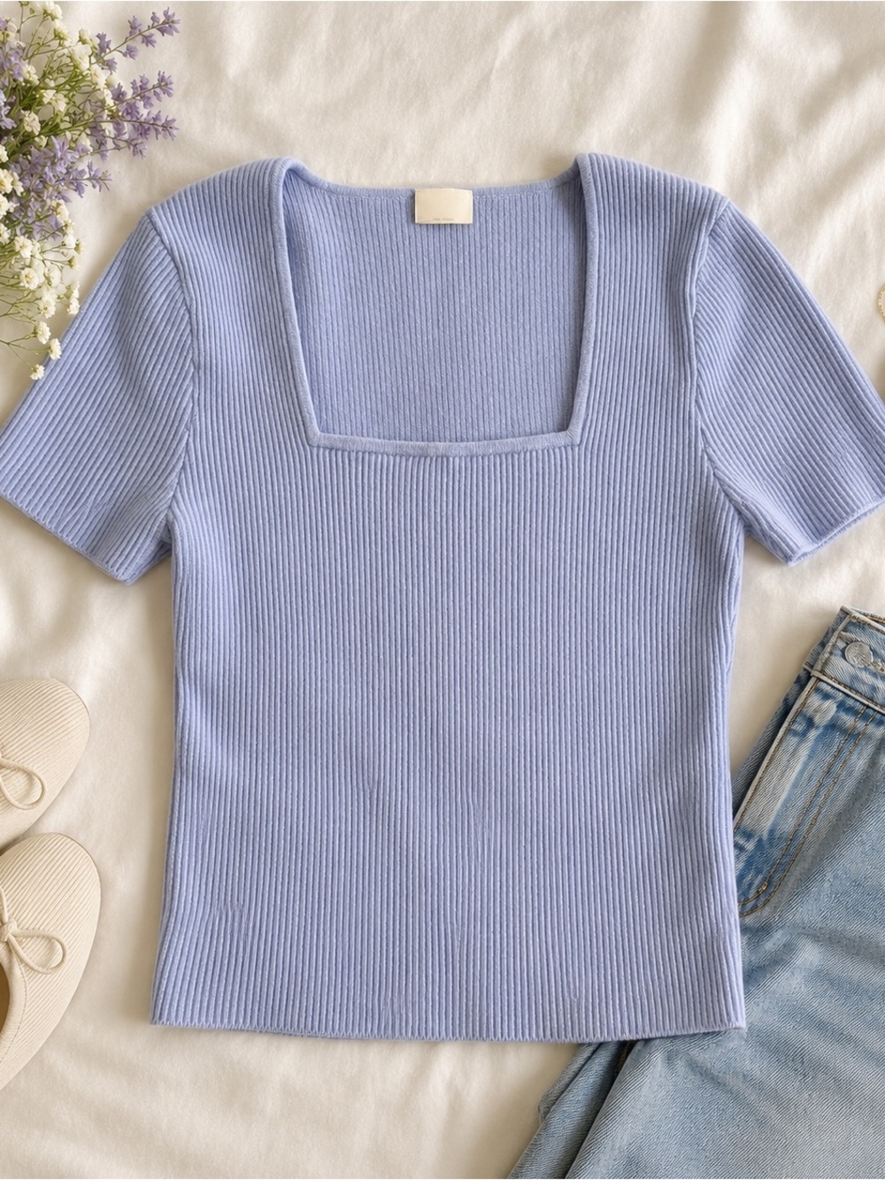 Abercrombie & Fitch Ribbed Square Neck Top Baby Blue Small Y2K Soft Girl